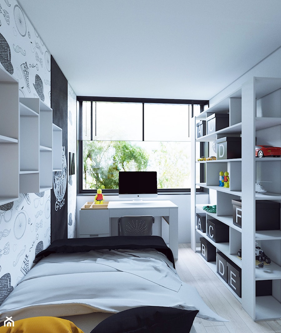 Industrialny szyk ♣️♠️🖤🌸🌿🍀 - Mały biały czarny szary pokój dziecka dla nastolatka dla chłopca, styl skandynawski - zdjęcie od StudioDobryPomysł
