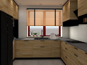Czarno-drewniana kuchnia w U - Średnia zamknięta biała z zabudowaną lodówką z lodówką wolnostojącą z nablatowym zlewozmywakiem kuchnia w kształcie litery u z oknem, styl nowoczesny - zdjęcie od gmcspace