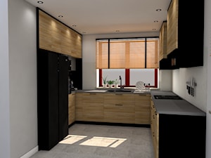 Czarno-drewniana kuchnia w U - Średnia zamknięta biała z zabudowaną lodówką z lodówką wolnostojącą z nablatowym zlewozmywakiem kuchnia w kształcie litery u z oknem, styl nowoczesny - zdjęcie od gmcspace