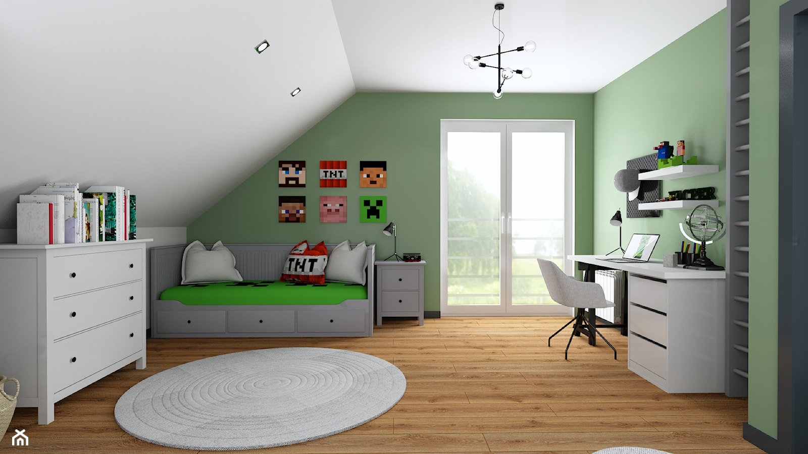 Projekt pokoju ucznia - Duży biały zielony pokój dziecka dla nastolatka dla chłopca, styl tradycyjny - zdjęcie od Interior Koncept Projektowanie Wnetrz - Homebook