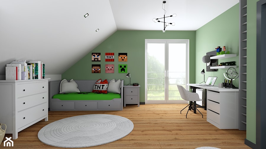Projekt pokoju ucznia - Duży biały zielony pokój dziecka dla nastolatka dla chłopca, styl tradycyjny - zdjęcie od Interior Koncept Projektowanie Wnetrz