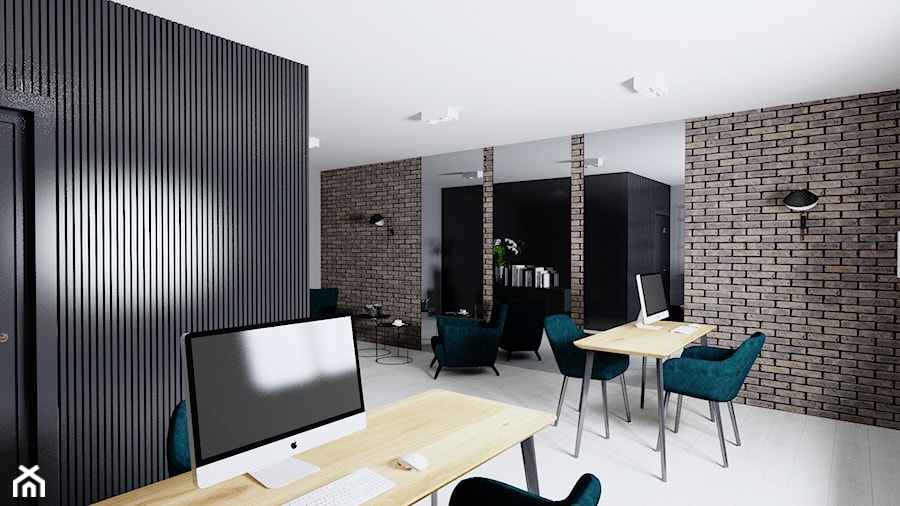 Projekt biura w Pleszewie - Duże białe brązowe czarne biuro, styl industrialny - zdjęcie od Interior Koncept Projektowanie Wnetrz