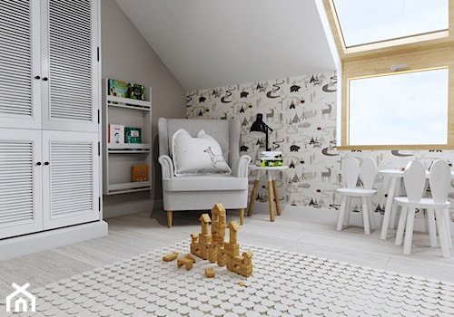 Projekt rezydencji pod Ostrowem Wielkopolskim - Duży biały szary pokój dziecka dla dziecka, styl skandynawski - zdjęcie od Interior Koncept Projektowanie Wnetrz