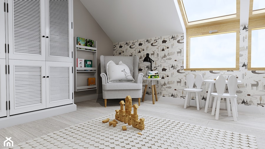 Projekt rezydencji pod Ostrowem Wielkopolskim - Duży biały szary pokój dziecka dla dziecka, styl skandynawski - zdjęcie od Interior Koncept Projektowanie Wnetrz