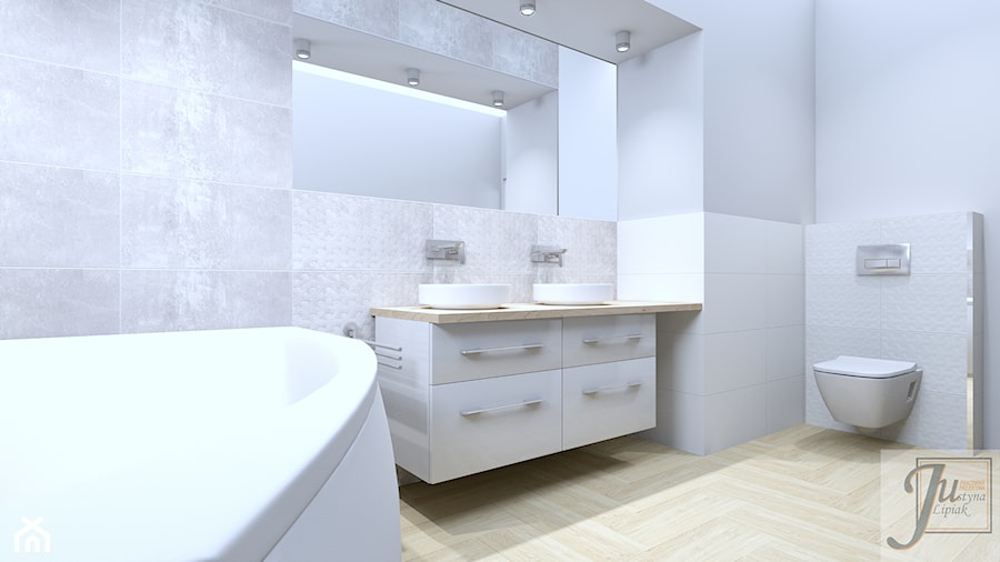 ŁAZIENKA Z OKNEM - Średnia z dwoma umywalkami z punktowym oświetleniem łazienka, styl nowoczesny - zdjęcie od JU PRACOWNIA PROJEKTOWA JUSTYNA LIPIAK