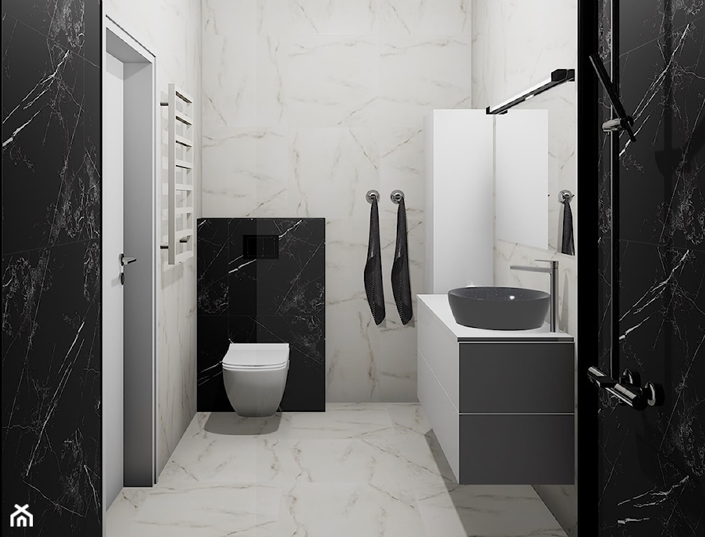 czarno-biała łazienka z płytkami imitującymi marmur