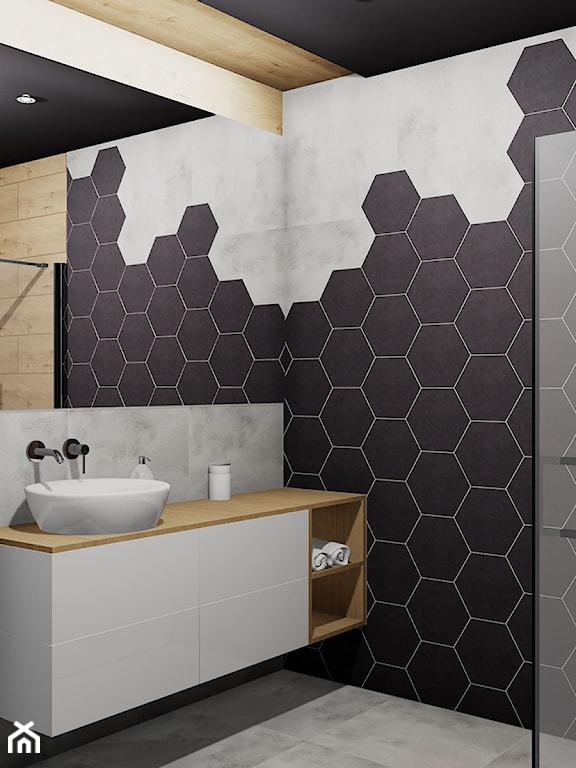 czarno-biała łazienka z płytkami w kształcie heksagonów 