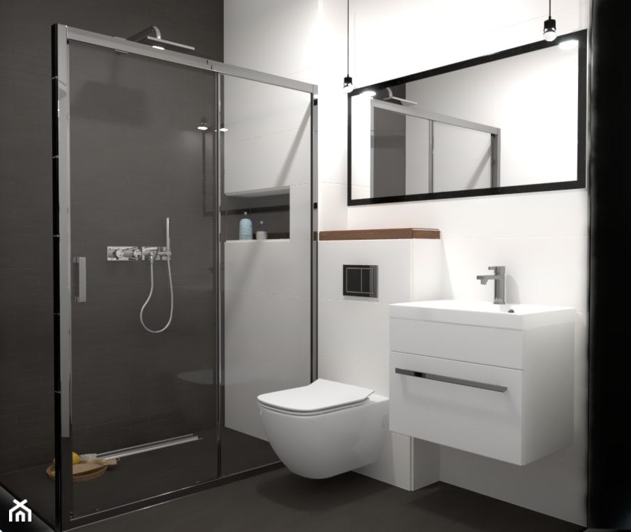 czarno-biała łazienka z kabiną typu walk-in