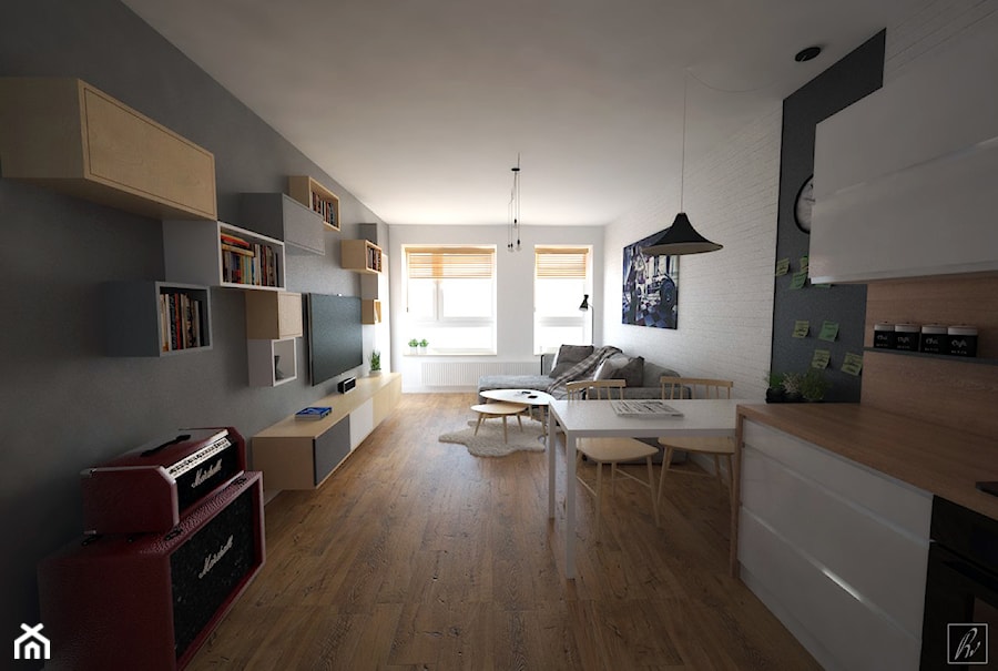 Duży biały czarny salon z kuchnią z jadalnią, styl skandynawski - zdjęcie od STUDIOPROJEKT.RW
