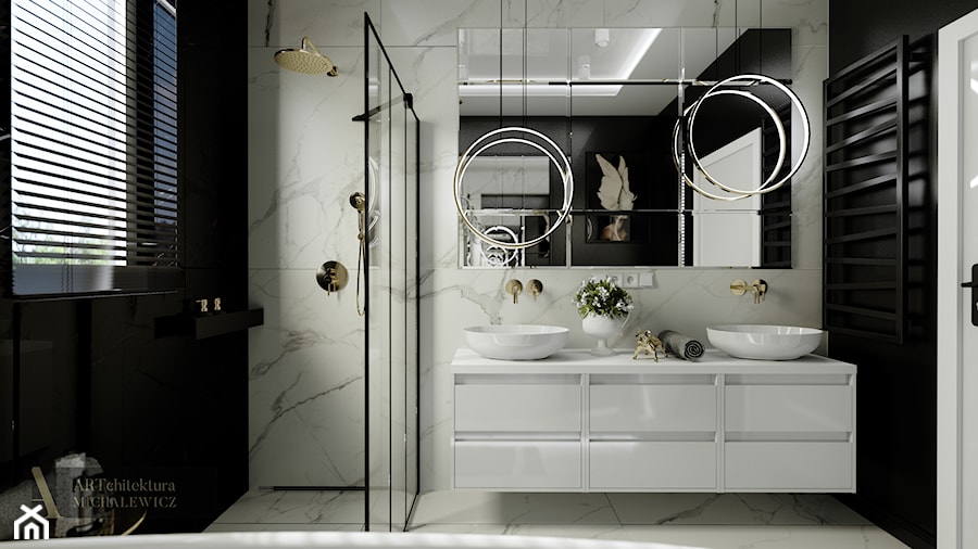 Gdynia - wnętrze luksusowej łazienki - Średnia z dwoma umywalkami z punktowym oświetleniem łazienka z oknem, styl glamour - zdjęcie od ARTchitektura Michalewicz