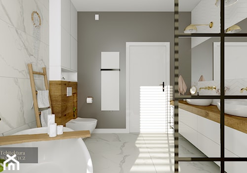 Dębno - projekt dwóch łazienek - Duża z lustrem z dwoma umywalkami z marmurową podłogą z punktowym oświetleniem łazienka z oknem, styl skandynawski - zdjęcie od ARTchitektura Michalewicz