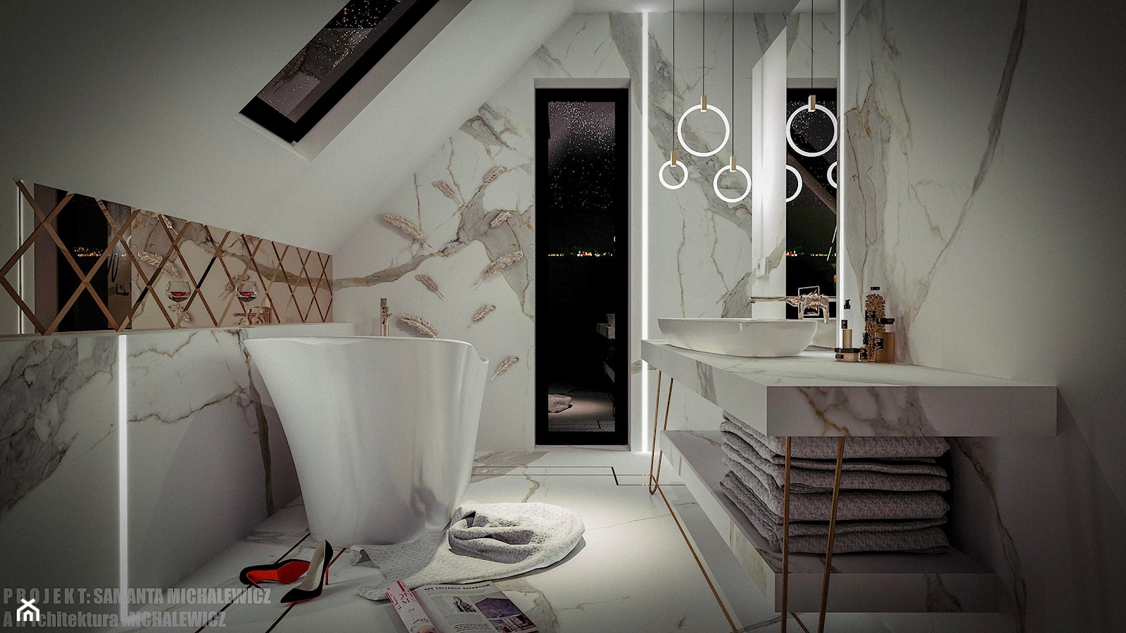Zielona Góra - wnętrze luksusowej łazienki na poddaszu - Średnia na poddaszu z lustrem z marmurową podłogą łazienka z oknem, styl glamour - zdjęcie od ARTchitektura Michalewicz - Homebook