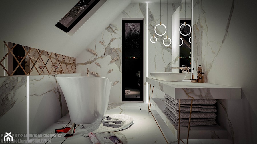 Zielona Góra - wnętrze luksusowej łazienki na poddaszu - Średnia na poddaszu z lustrem z marmurową podłogą łazienka z oknem, styl glamour - zdjęcie od ARTchitektura Michalewicz