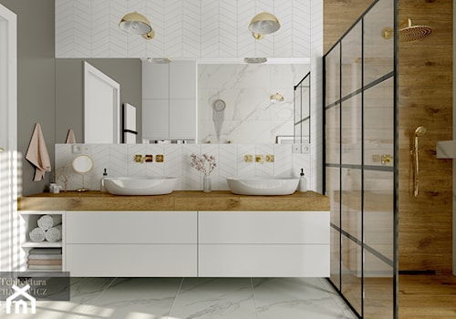 Dębno - projekt dwóch łazienek - Średnia bez okna z lustrem z dwoma umywalkami łazienka, styl skandynawski - zdjęcie od ARTchitektura Michalewicz