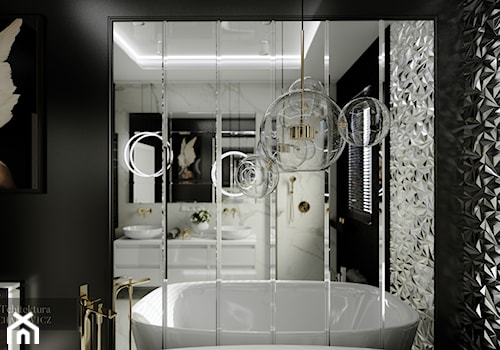Gdynia - wnętrze luksusowej łazienki - Średnia z lustrem z dwoma umywalkami łazienka z oknem, styl glamour - zdjęcie od ARTchitektura Michalewicz