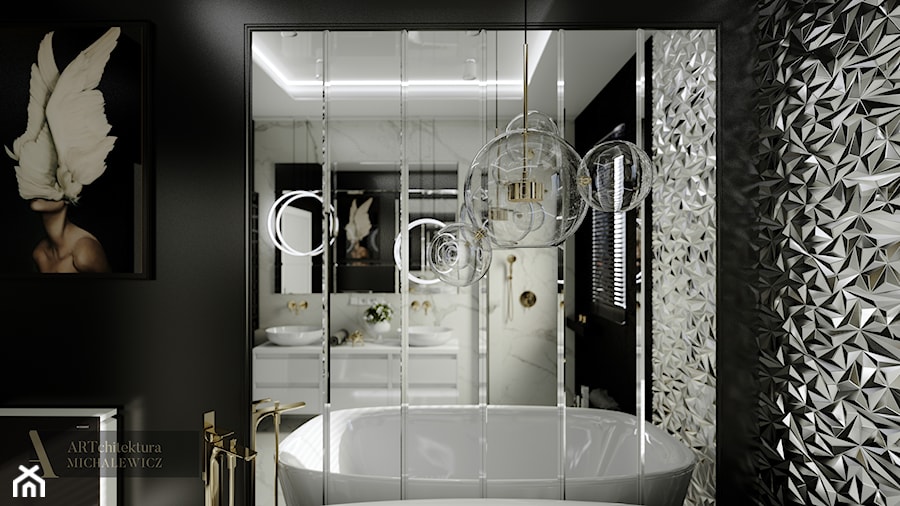 Gdynia - wnętrze luksusowej łazienki - Średnia z lustrem z dwoma umywalkami łazienka z oknem, styl glamour - zdjęcie od ARTchitektura Michalewicz