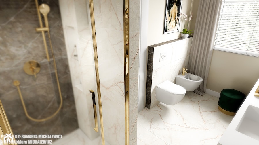 Zielona Góra - wnętrze eleganckiej łazienki - Średnia z marmurową podłogą łazienka z oknem, styl glamour - zdjęcie od ARTchitektura Michalewicz