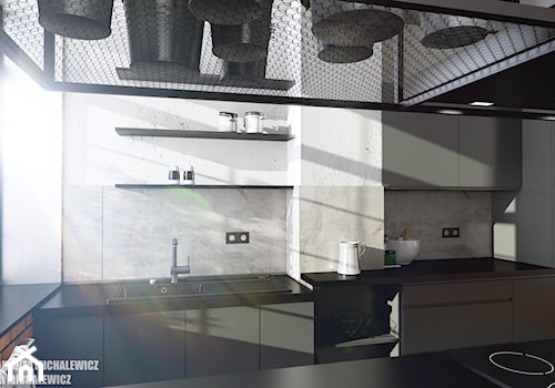 Zielona Góra - wnętrze kuchni w lofcie - Średnia otwarta z kamiennym blatem szara z zabudowaną lodówką z nablatowym zlewozmywakiem kuchnia dwurzędowa z oknem, styl industrialny - zdjęcie od ARTchitektura Michalewicz