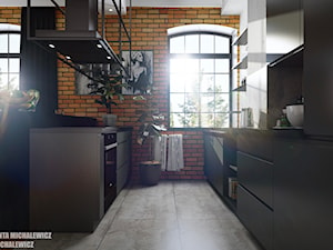 Zielona Góra - wnętrze kuchni w lofcie - Średnia otwarta z kamiennym blatem czarna z zabudowaną lodówką kuchnia dwurzędowa z oknem, styl industrialny - zdjęcie od ARTchitektura Michalewicz