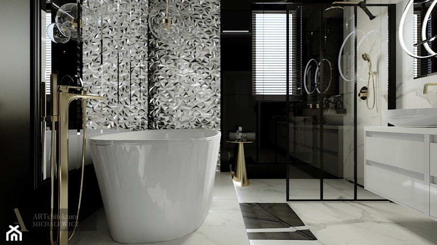 Gdynia - wnętrze luksusowej łazienki - Średnia z lustrem z marmurową podłogą łazienka z oknem, styl glamour - zdjęcie od ARTchitektura Michalewicz