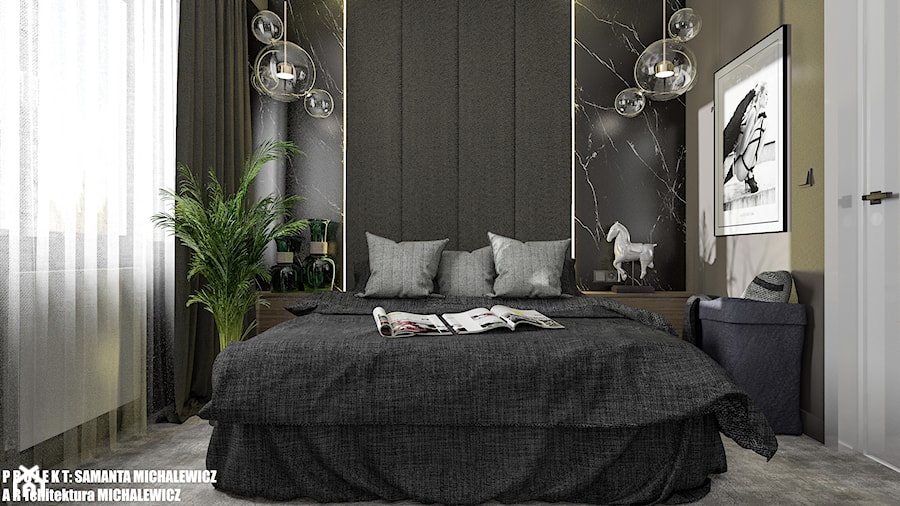 Zielona Góra - wnętrze sypialni dla młodego mężczyzny - Mała czarna zielona sypialnia, styl nowoczesny - zdjęcie od ARTchitektura Michalewicz