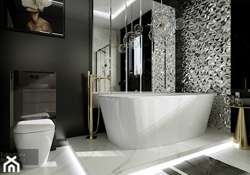 Gdynia - wnętrze luksusowej łazienki - Średnia z lustrem z marmurową podłogą z punktowym oświetleniem łazienka z oknem, styl glamour - zdjęcie od ARTchitektura Michalewicz