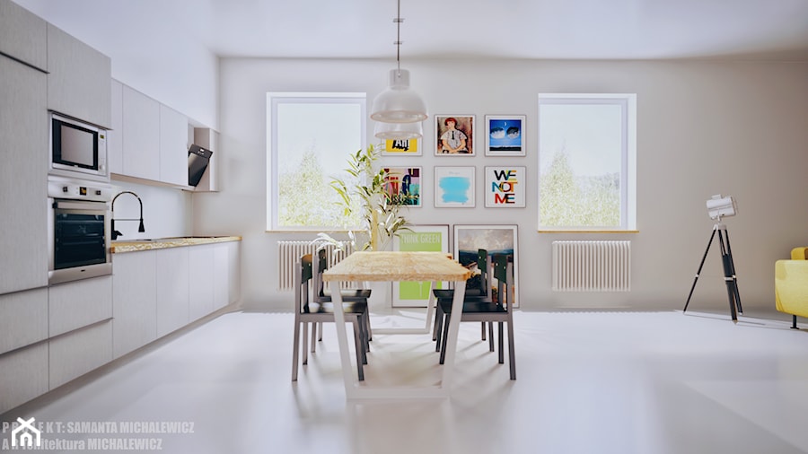 Zielona Góra - wnętrze hipsterskiego salonu - Duża otwarta z salonem biała z zabudowaną lodówką z nablatowym zlewozmywakiem kuchnia jednorzędowa z oknem, styl minimalistyczny - zdjęcie od ARTchitektura Michalewicz