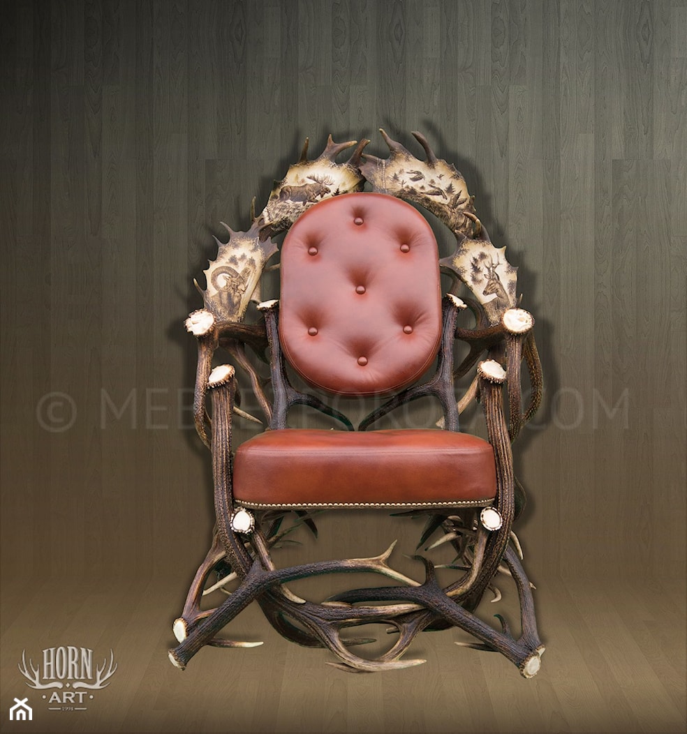 Fotel z poroża jelnia z łopatami daniela - grawerunki - zdjęcie od HornArt - Meble z poroża - Homebook