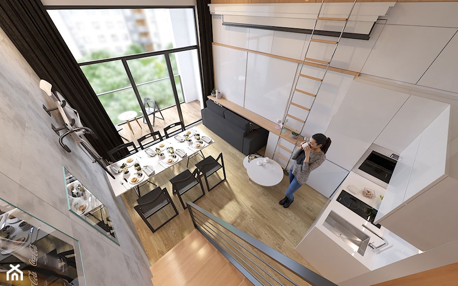 Mieszkanie 1 - Mały szary salon z kuchnią z jadalnią, styl nowoczesny - zdjęcie od Minimaxy