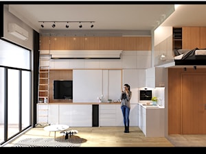 Mieszkanie 1 - Duża otwarta z salonem biała z zabudowaną lodówką z podblatowym zlewozmywakiem kuchnia w kształcie litery l z oknem, styl nowoczesny - zdjęcie od Minimaxy