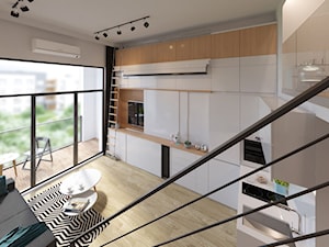 Mieszkanie 1 - Duży szary salon z kuchnią z tarasem / balkonem z antresolą, styl nowoczesny - zdjęcie od Minimaxy