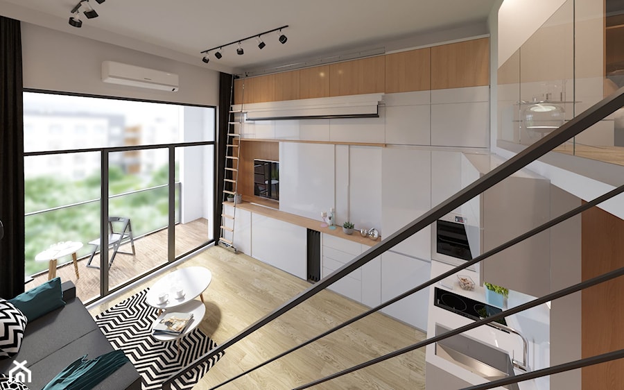 Mieszkanie 1 - Duży szary salon z kuchnią z tarasem / balkonem z antresolą, styl nowoczesny - zdjęcie od Minimaxy