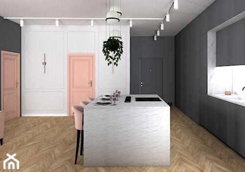 salon z kuchnią w róż - zdjęcie od MIJO architecture
