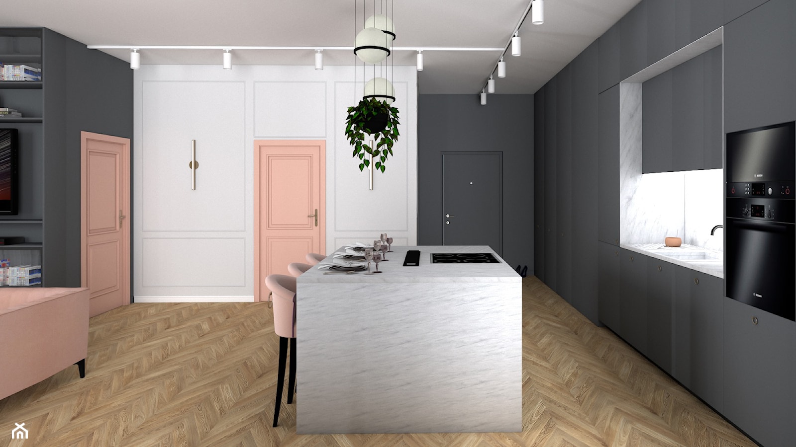salon z kuchnią w róż - zdjęcie od MIJO architecture - Homebook