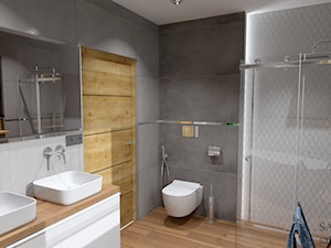 Łazienka w stylu nowoczesnym szarość z drewnem 