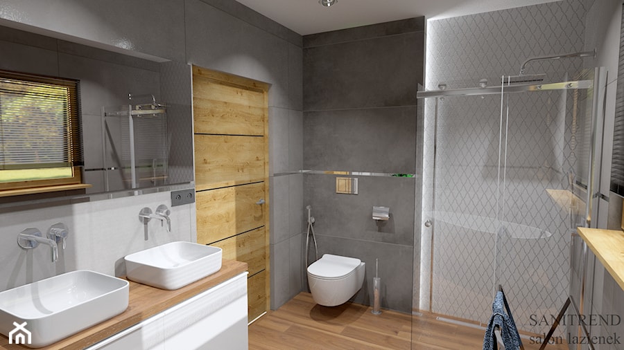 Łazienka w stylu nowoczesnym szarość z drewnem - zdjęcie od SANITREND Salon Łazienek