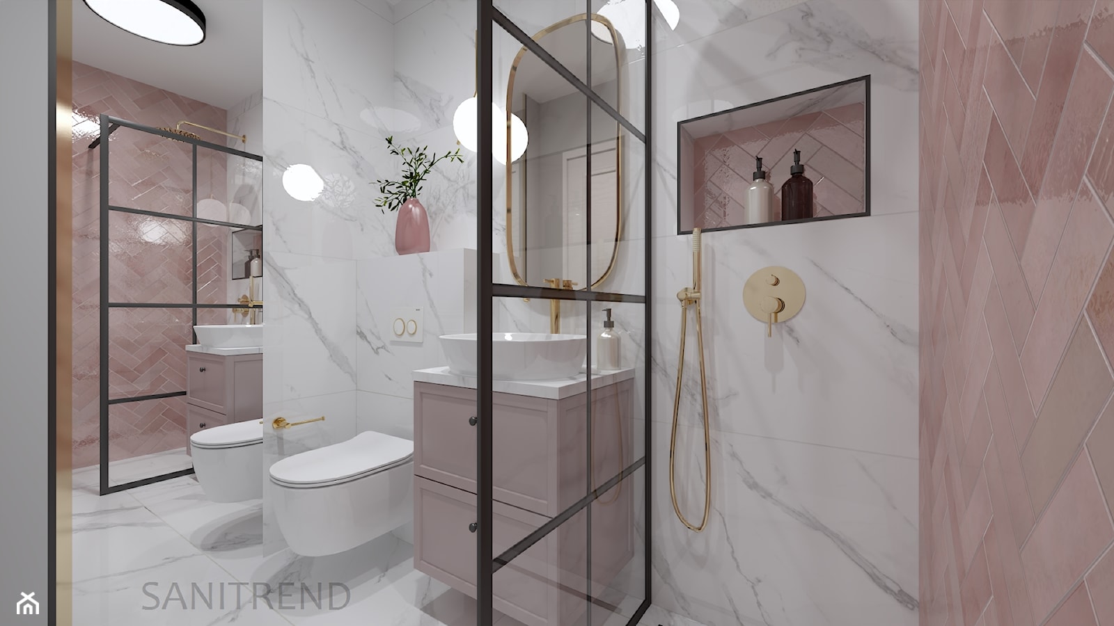Marmurowa łazienka z różową jodełką - Średnia z lustrem łazienka, styl tradycyjny - zdjęcie od SANITREND Salon Łazienek - Homebook