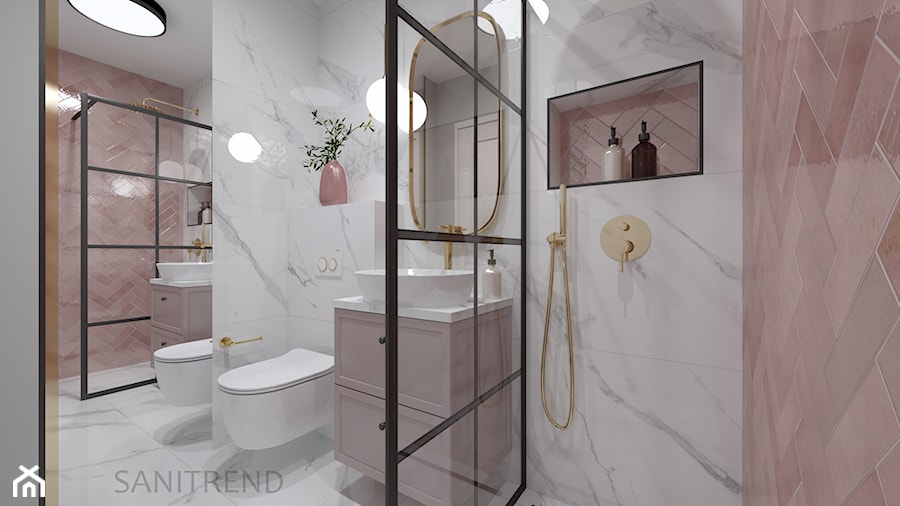 Marmurowa łazienka z różową jodełką - Średnia z lustrem łazienka, styl tradycyjny - zdjęcie od SANITREND Salon Łazienek