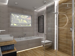 Łazienki o powierzchni 8 m2 szarość ocieplona drewnem