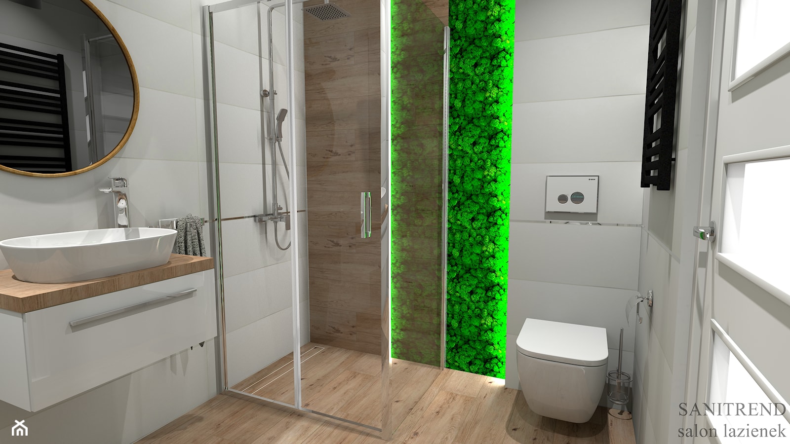 Jasna nowoczesna łazienka z zasosowaniem mchu dekoracyjnego - zdjęcie od SANITREND Salon Łazienek - Homebook