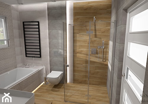 Łazienki o powierzchni 8 m2 szarość ocieplona drewnem - Łazienka, styl nowoczesny - zdjęcie od SANITREND Salon Łazienek