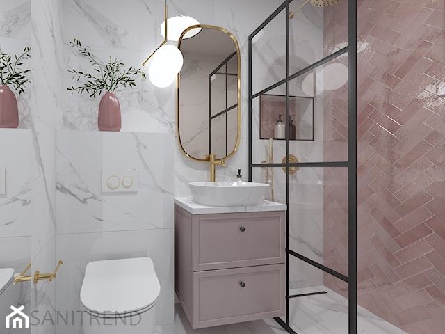 Marmurowa łazienka z różową jodełką