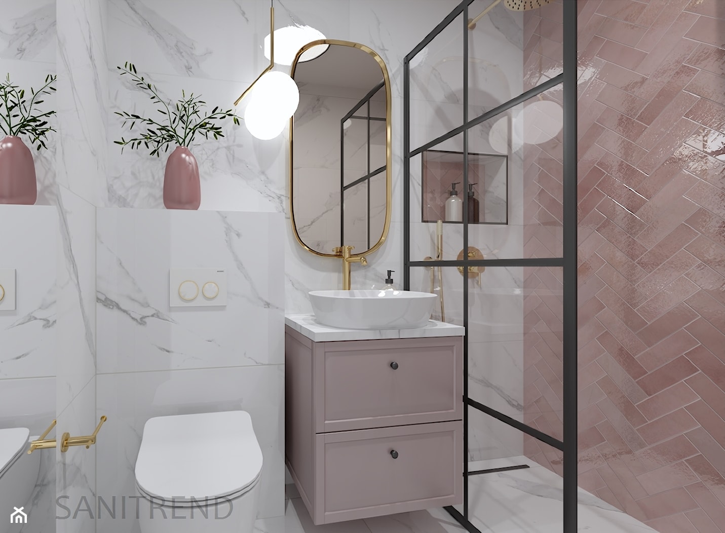 Marmurowa łazienka z różową jodełką - Średnia z lustrem łazienka, styl tradycyjny - zdjęcie od SANITREND Salon Łazienek - Homebook