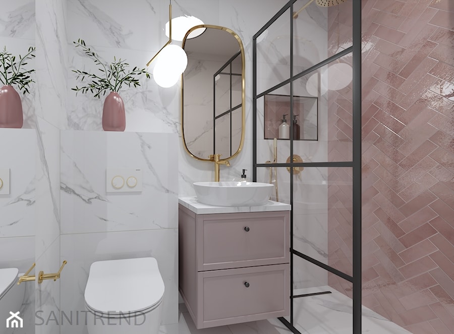 Marmurowa łazienka z różową jodełką - Średnia z lustrem łazienka, styl tradycyjny - zdjęcie od SANITREND Salon Łazienek