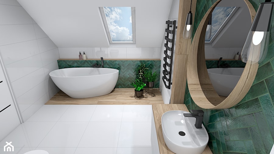 Zielona łazienka / Butelkowa zieleń - jodełka 2 - Duża z lustrem łazienka z oknem, styl nowoczesny - zdjęcie od SANITREND Salon Łazienek