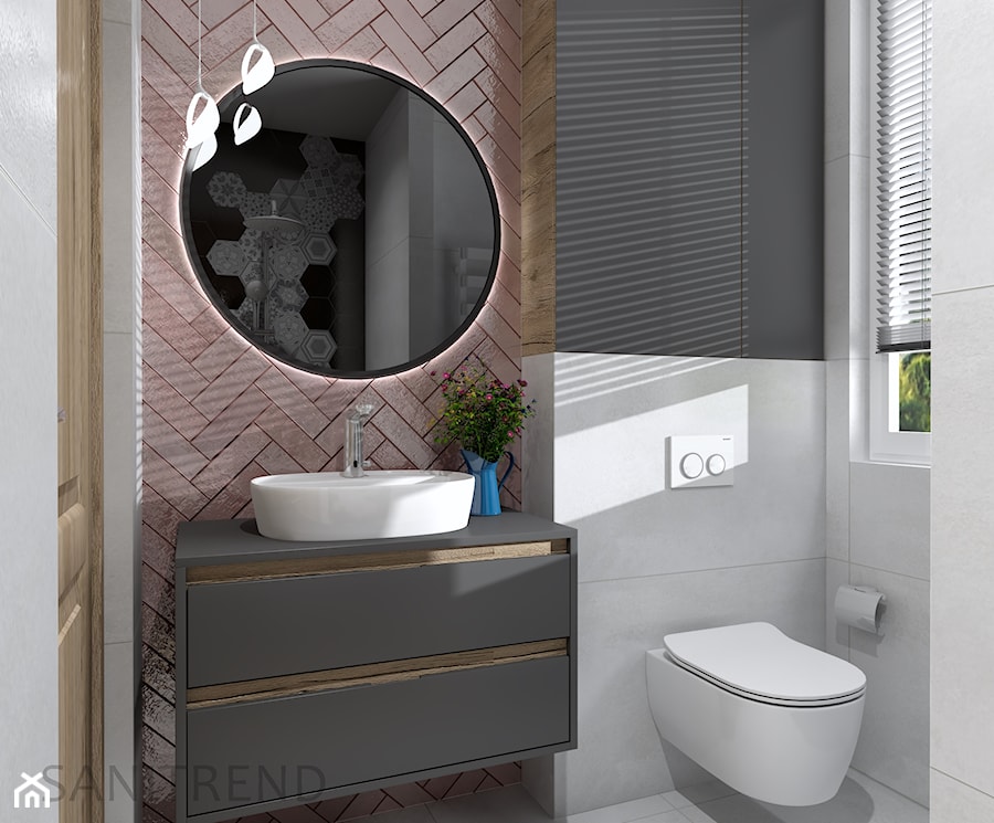 Różowa łazienka -jodełka, hexagon - Łazienka, styl nowoczesny - zdjęcie od SANITREND Salon Łazienek