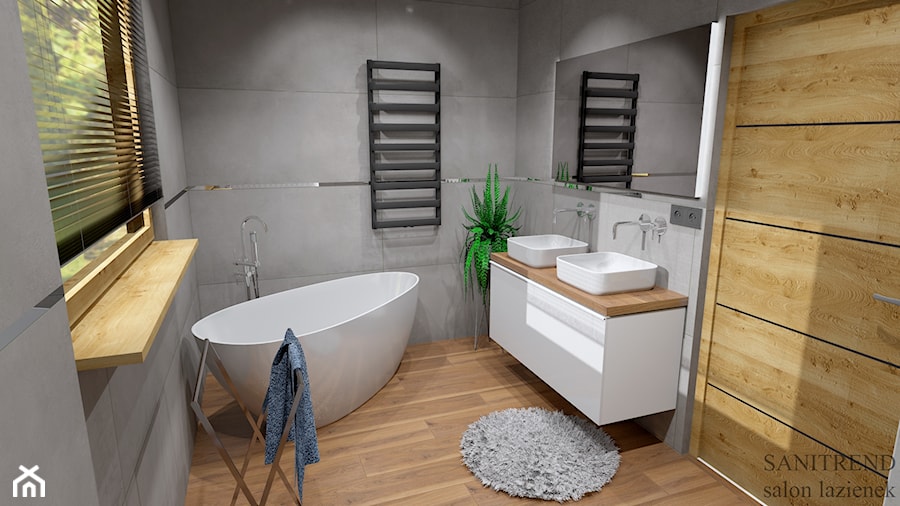 Łazienka w stylu nowoczesnym szarość z drewnem - zdjęcie od SANITREND Salon Łazienek