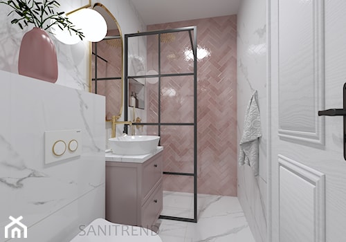 Marmurowa łazienka z różową jodełką - Mała z lustrem łazienka, styl tradycyjny - zdjęcie od SANITREND Salon Łazienek