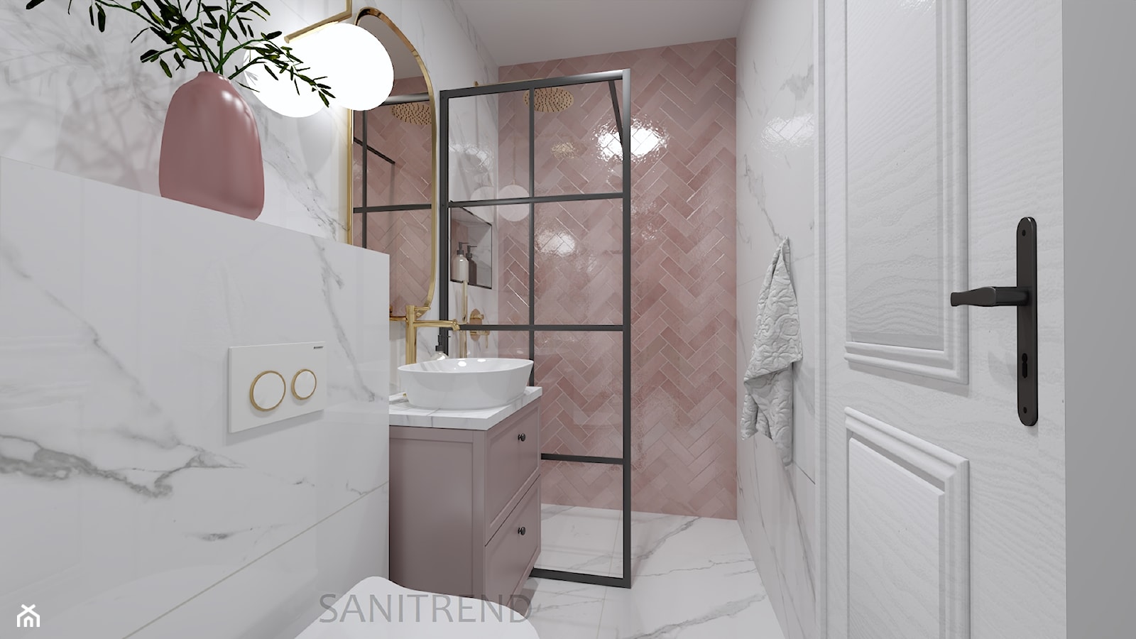 Marmurowa łazienka z różową jodełką - Mała z lustrem łazienka, styl tradycyjny - zdjęcie od SANITREND Salon Łazienek - Homebook