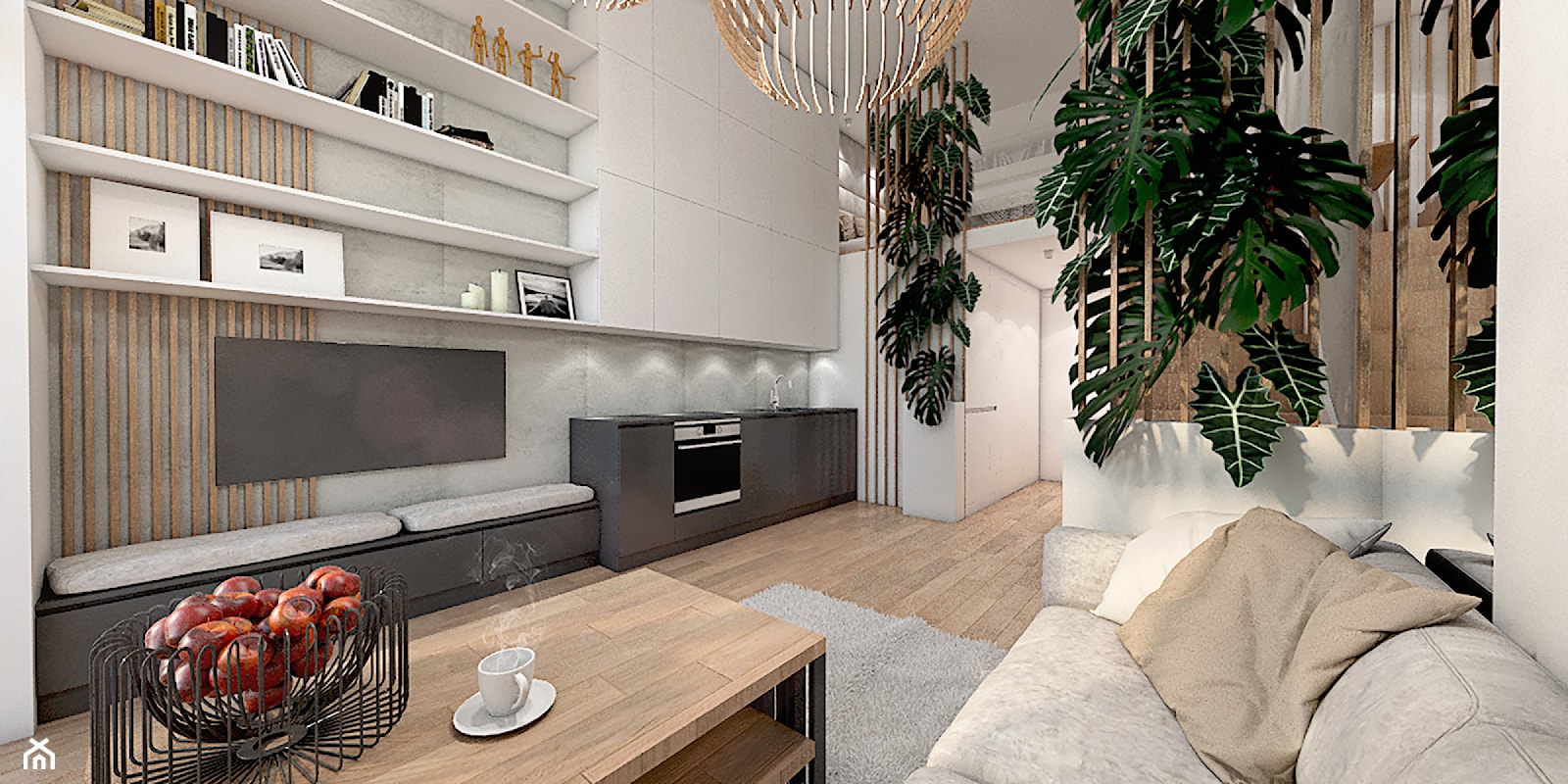 Projekt konkursowy MINIMAXY - Średni biały szary salon z kuchnią, styl nowoczesny - zdjęcie od BoRysuje_Małgorzata - Homebook